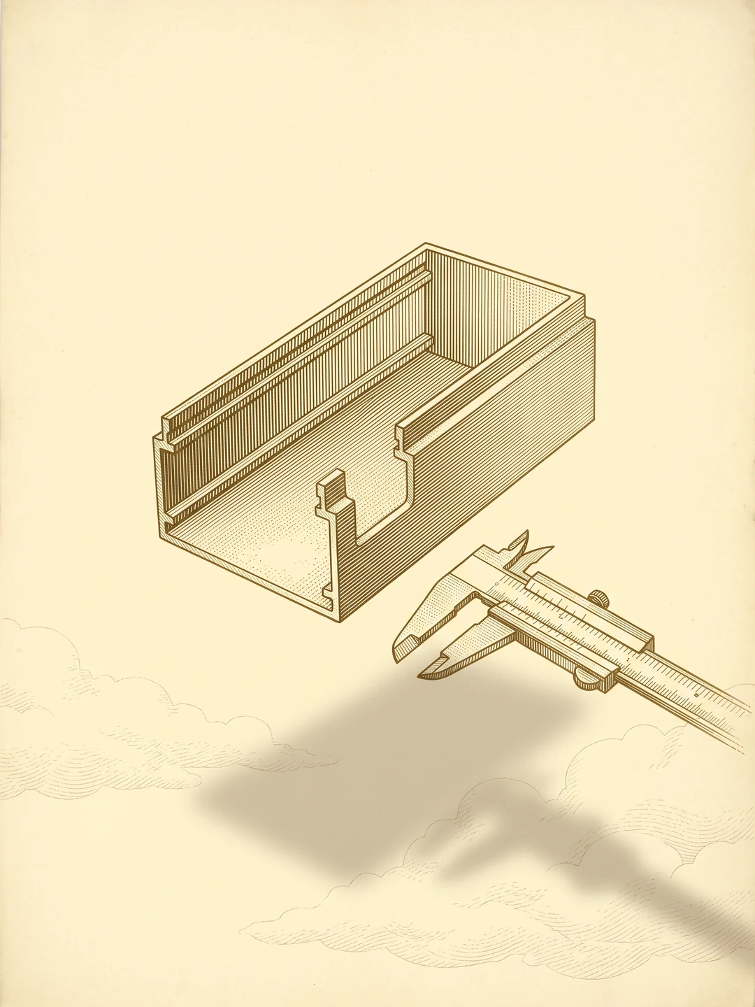 Antique engraving of a cross sectioned metal channel beside a vernier caliper, floating above an engraved cloud band on a buttermilk ground.