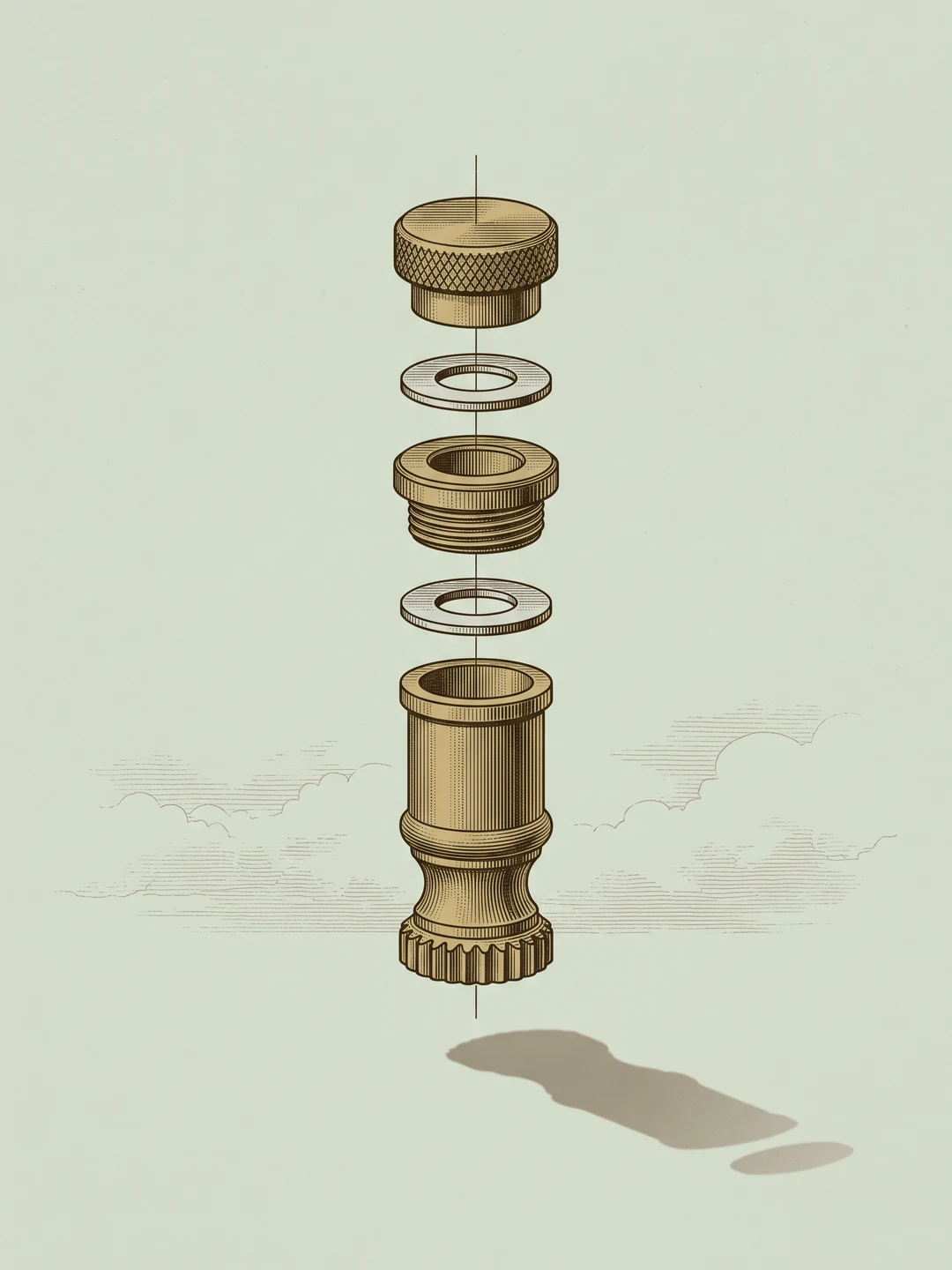 Antique engraving of an exploded brass fitting, its cap, washers, collar and body separated along a vertical axis, on a sage green ground.