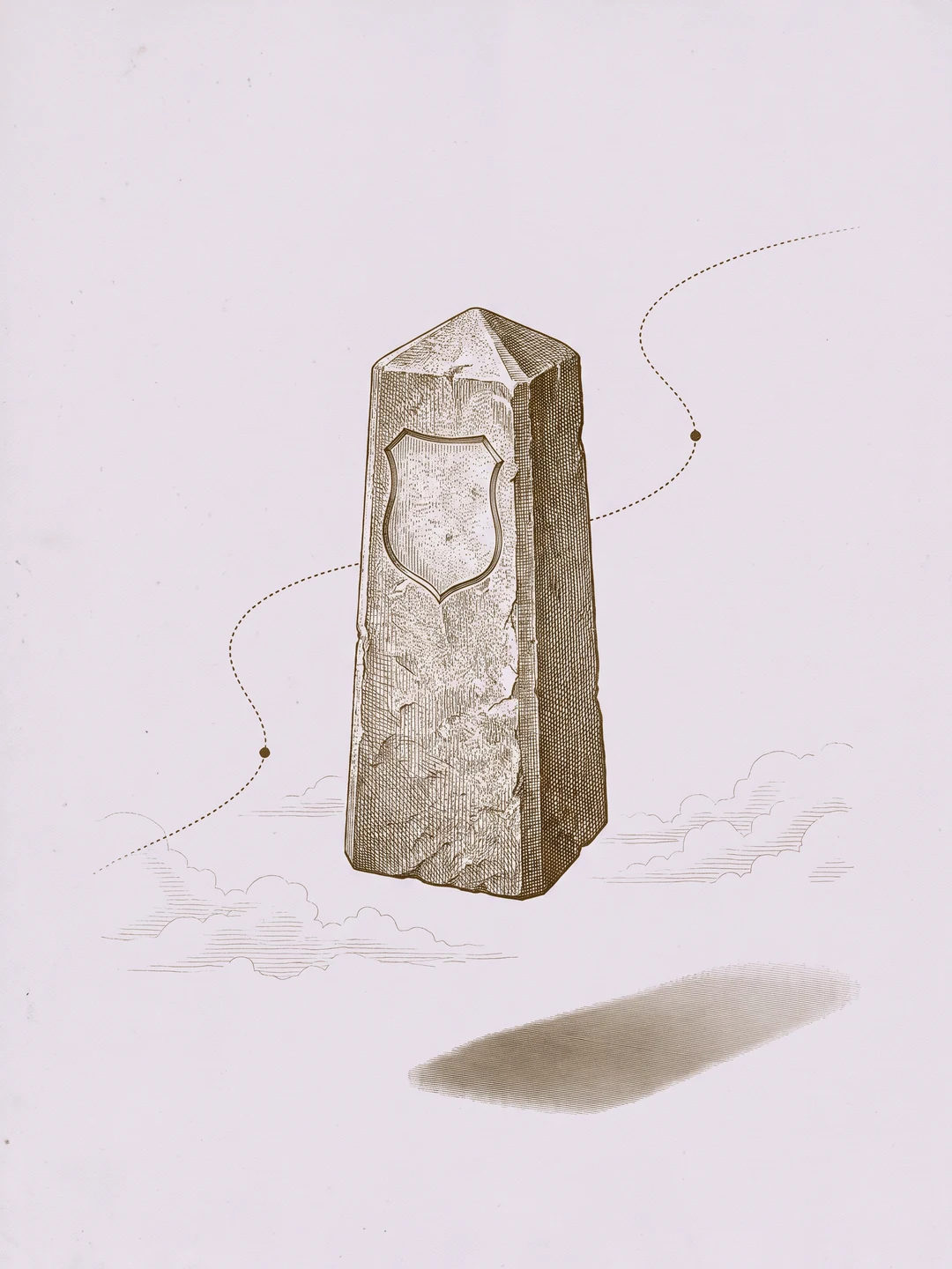 Antique engraving of a stone boundary marker bearing a blank escutcheon, floating above an engraved cloud band on a pale lilac ground.