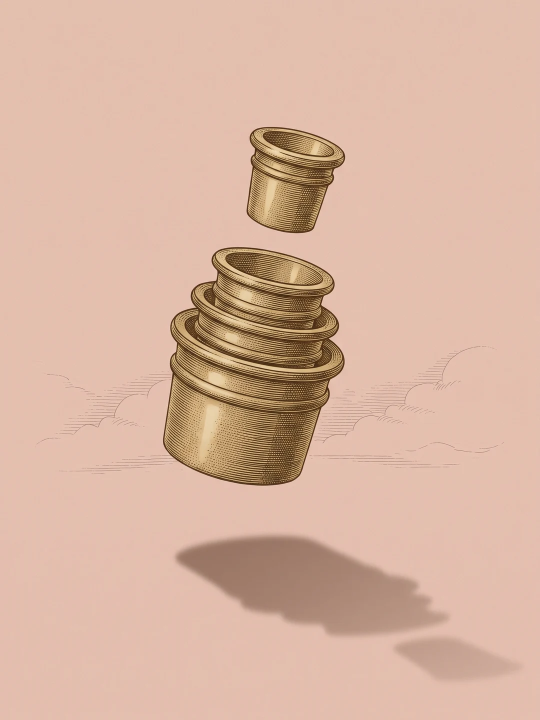 Antique engraving of a set of nested brass rings, the smallest lifted clear of the stack, on a dusty rose ground.